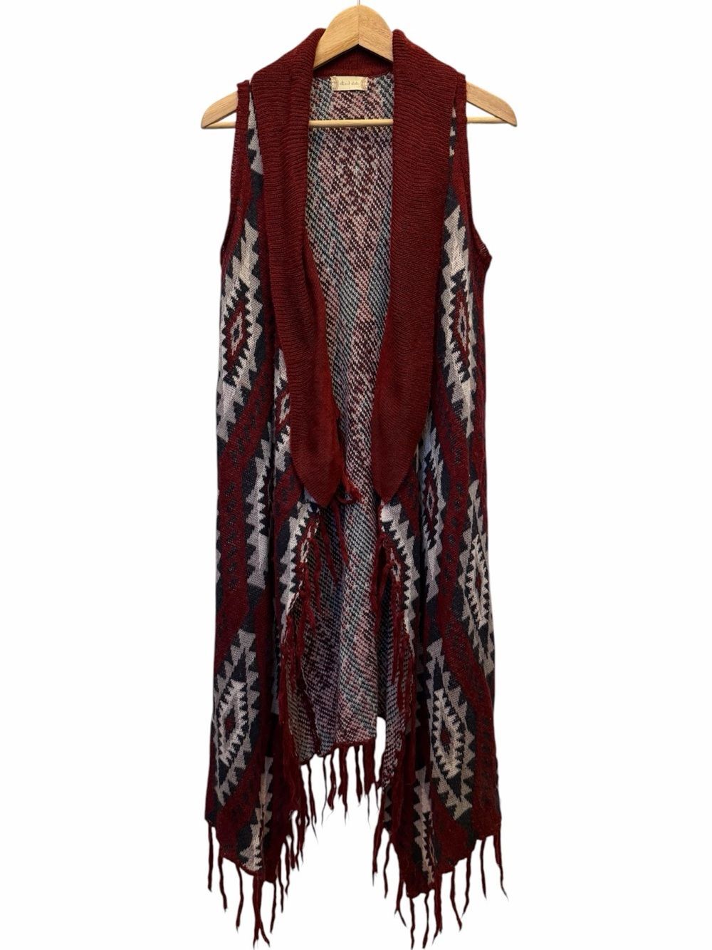 Altar'd State Women Burgandy Aztec Fringe Sleeveless Knit Longline Cardigan Sz L